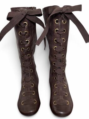 Diba vintage Brown Leather Ribbon Lace Up tall Boots boho brazil size 6M